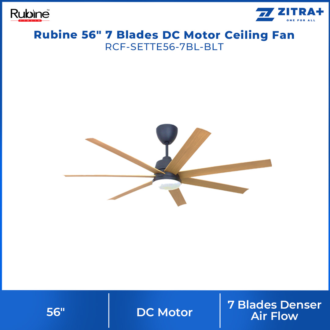 Rubine 56" 7 Blades DC Motor Ceiling Fan | RCF-SETTE56-7BL-BLT / RCF-SETTE56-7BL-OB | 6F+6R Speed RF Remote Control | 7 Blades Denser Air Flow | 22W Tri-Color LED | Ceiling Fan with 1 Year Warranty