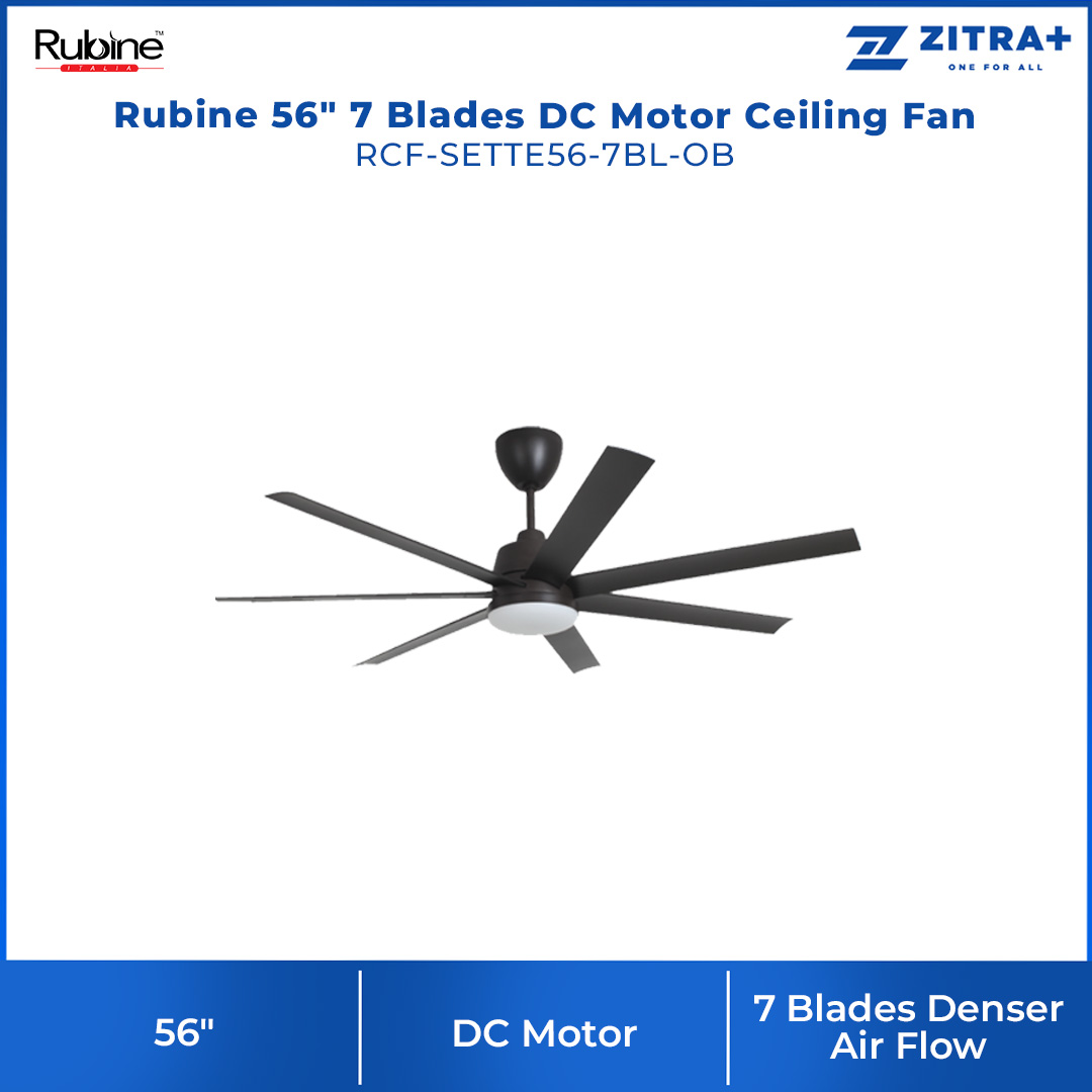 Rubine 56" 7 Blades DC Motor Ceiling Fan | RCF-SETTE56-7BL-BLT / RCF-SETTE56-7BL-OB | 6F+6R Speed RF Remote Control | 7 Blades Denser Air Flow | 22W Tri-Color LED | Ceiling Fan with 1 Year Warranty