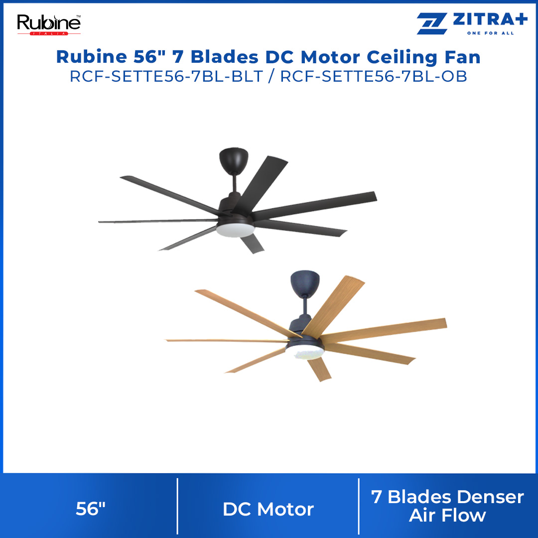 Rubine 56" 7 Blades DC Motor Ceiling Fan | RCF-SETTE56-7BL-BLT / RCF-SETTE56-7BL-OB | 6F+6R Speed RF Remote Control | 7 Blades Denser Air Flow | 22W Tri-Color LED | Ceiling Fan with 1 Year Warranty