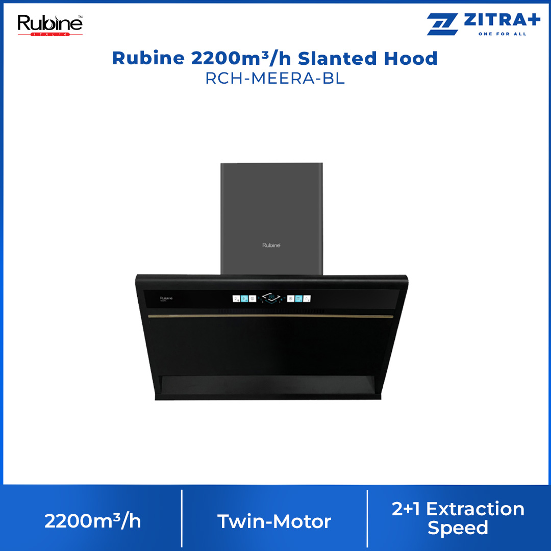 Rubine 2200m³/h Slanted Hood RCH-MEERA-BL | 2+1 Extraction Speed | Twin-Motor | Cool-Breeze | Hood with 1.5 Year Warranty