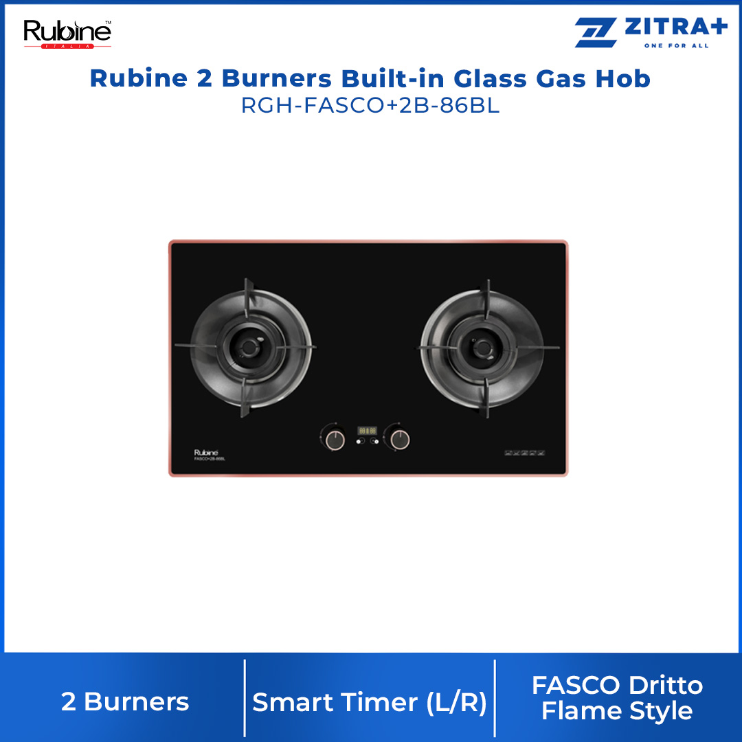 Rubine 2 Burners Built-in Glass Gas Hob RGH-FASCO+2B-86BL | 5.5kW Flame Power | FASCO Dritto Flame Style | I-Link | Hob with 1.5 Year Warranty