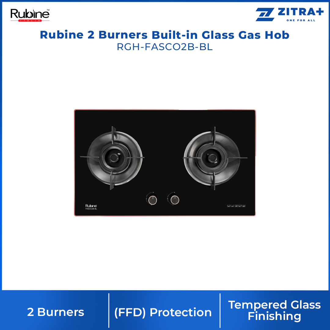 Rubine 2 Burners Built-in Glass Gas Hob RGH-FASCO2B  | 5.5kW Flame Power | FASCO Dritto Flame Style | Concentra Pan Support | Hood with 1.5 Year Warranty