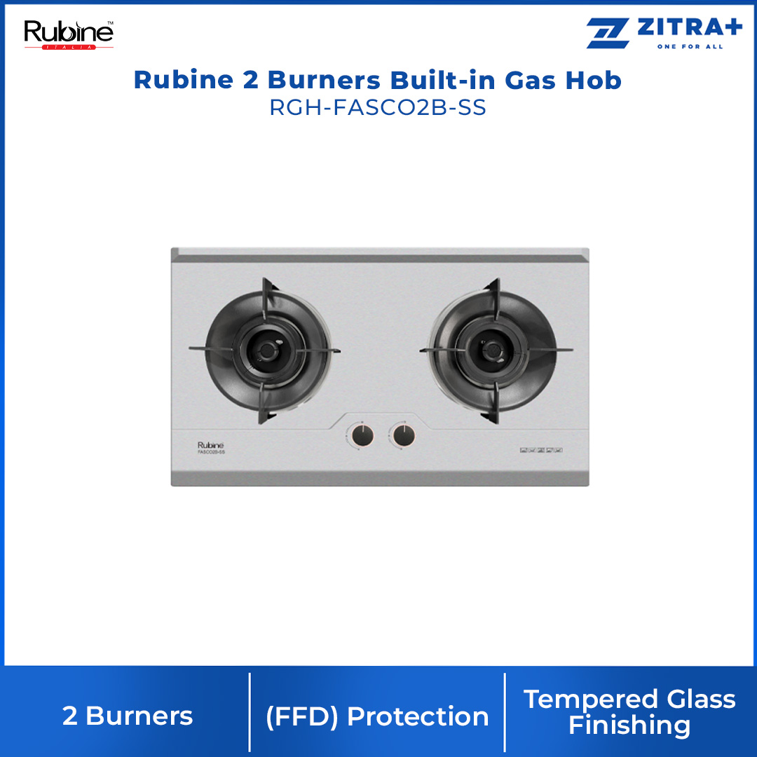 Rubine 2 Burners Built-in Gas Hob RGH-FASCO2B-SS | 5.5kW Flame Power | Battery Ignition | Hob with 1.5 Year Warranty