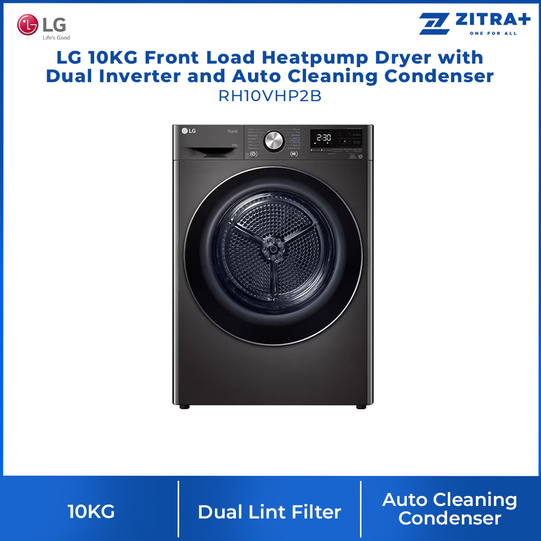 LG 10KG Front Load Heatpump Dryer with Dual Inverter and Auto Cleaning Condenser | RH10VHP2B / RH10VHP2W | Smart Pairing | Allergy Care | Dual Lint Filter | Heatpump Dryer with 1 Year Warranty