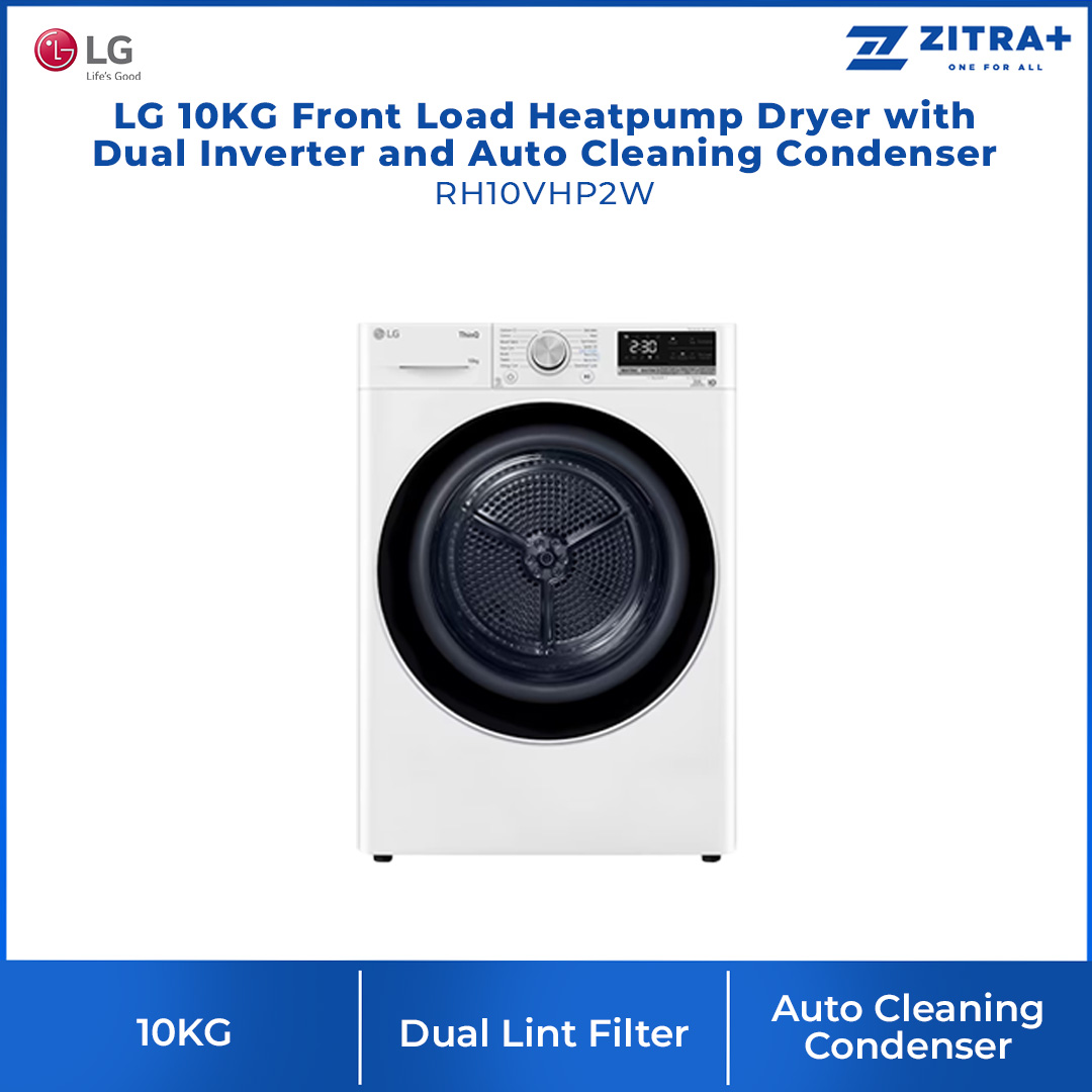 LG 10KG Front Load Heatpump Dryer with Dual Inverter and Auto Cleaning Condenser | RH10VHP2B / RH10VHP2W | Smart Pairing | Allergy Care | Dual Lint Filter | Heatpump Dryer with 1 Year Warranty