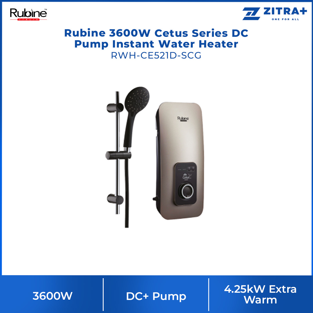 Rubine 3600W Cetus Series DC Pump Instant Water Heater | RWH-CE521D-SCG / CE521D-SSB | 60% Energy Saving | DC+ Pump | Extra Safety DPDT Protection System | Water Heater with 1 Year Warranty