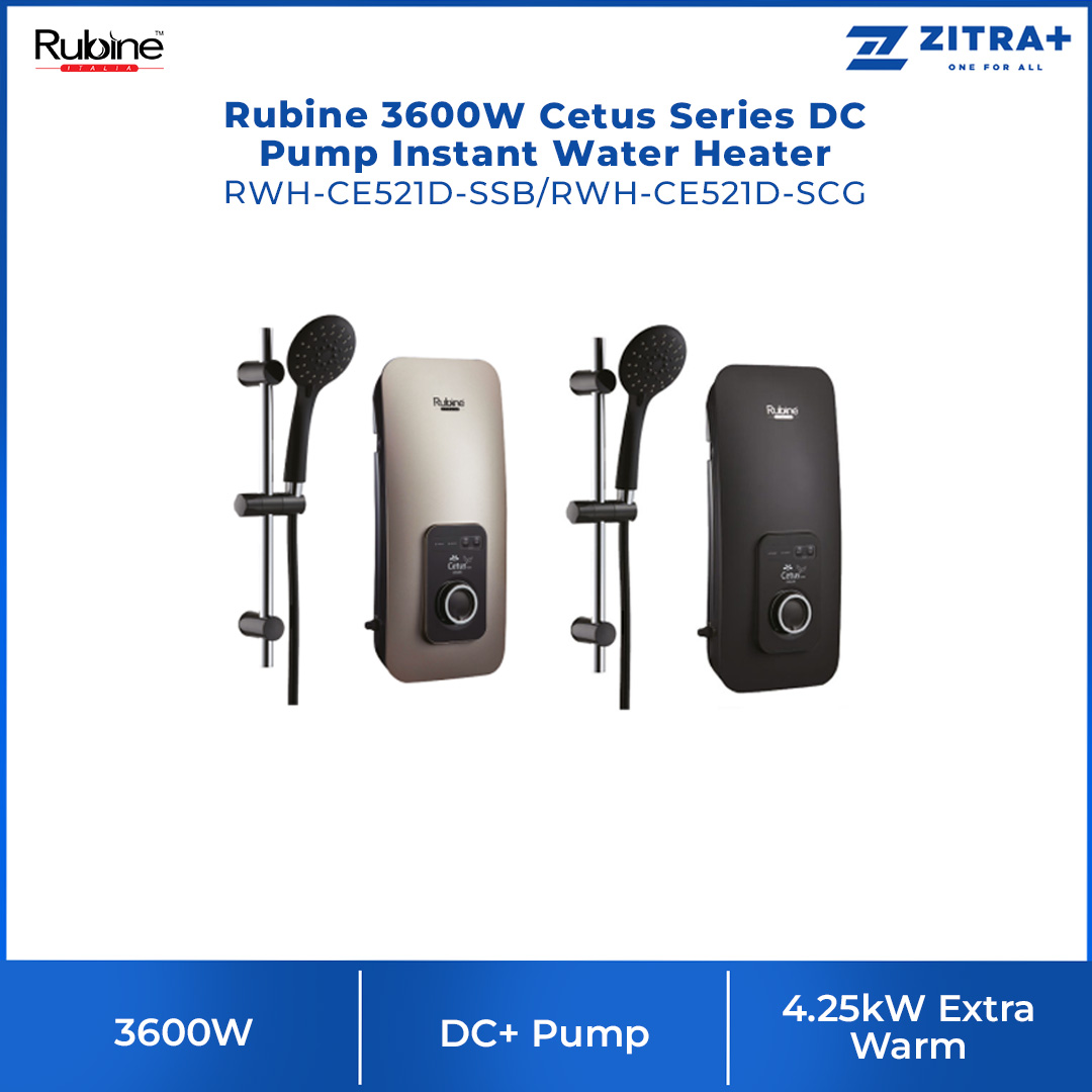 Rubine 3600W Cetus Series DC Pump Instant Water Heater | RWH-CE521D-SCG / CE521D-SSB | 60% Energy Saving | DC+ Pump | Extra Safety DPDT Protection System | Water Heater with 1 Year Warranty