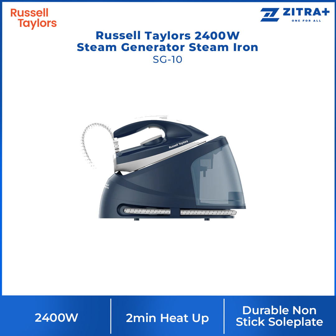 Russell Taylors 2400W Steam Generator Steam Iron Blue SG-10 | Effectively Removes Stubborn Wrinkles | 1.5L Water Tank | 2min Heat Up | Iron with 2 Year Warranty