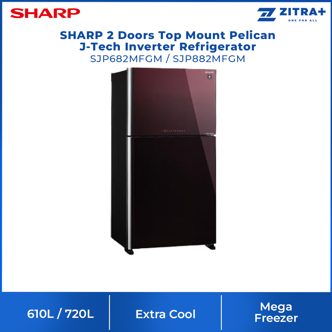 SHARP 2 Doors Top Mount Pelican J-Tech Inverter Refrigerator SJP682MFGM/SJP882MFGM | Extra Cool | Eco Mode | Door Alarm | Deep Freezing | Refrigerator with 1 Year Warranty