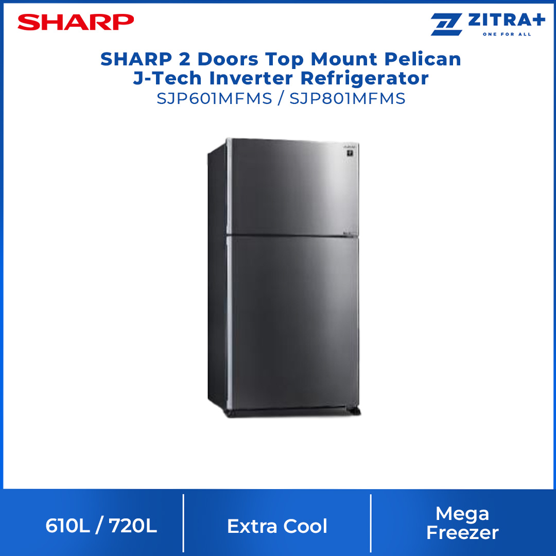 SHARP 2 Doors Top Mount Pelican J-Tech Inverter Refrigerator SJP601MFMS/SJP801MFMS | Extra Cool | Eco Mode | Door Alarm | Deep Freezing | Refrigerator with 1 Year Warranty
