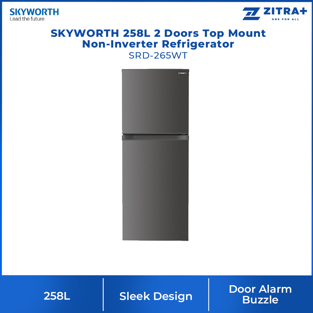 SKYWORTH 258L 2 Doors Top Mount Non-Inverter Refrigerator SRD-265WT | Multi Air Flow | Total No Frost | Flexi Door | Refrigerator with 1 Year Warranty