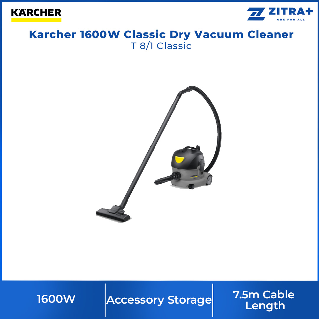 Karcher 1600W Classic Dry Vacuum Cleaner T 8/1 Classic | Large Cord Hook | Combi Floor Nozzle | Upholstery Nozzle | Vacuum Cleaner with 1 Year Warranty