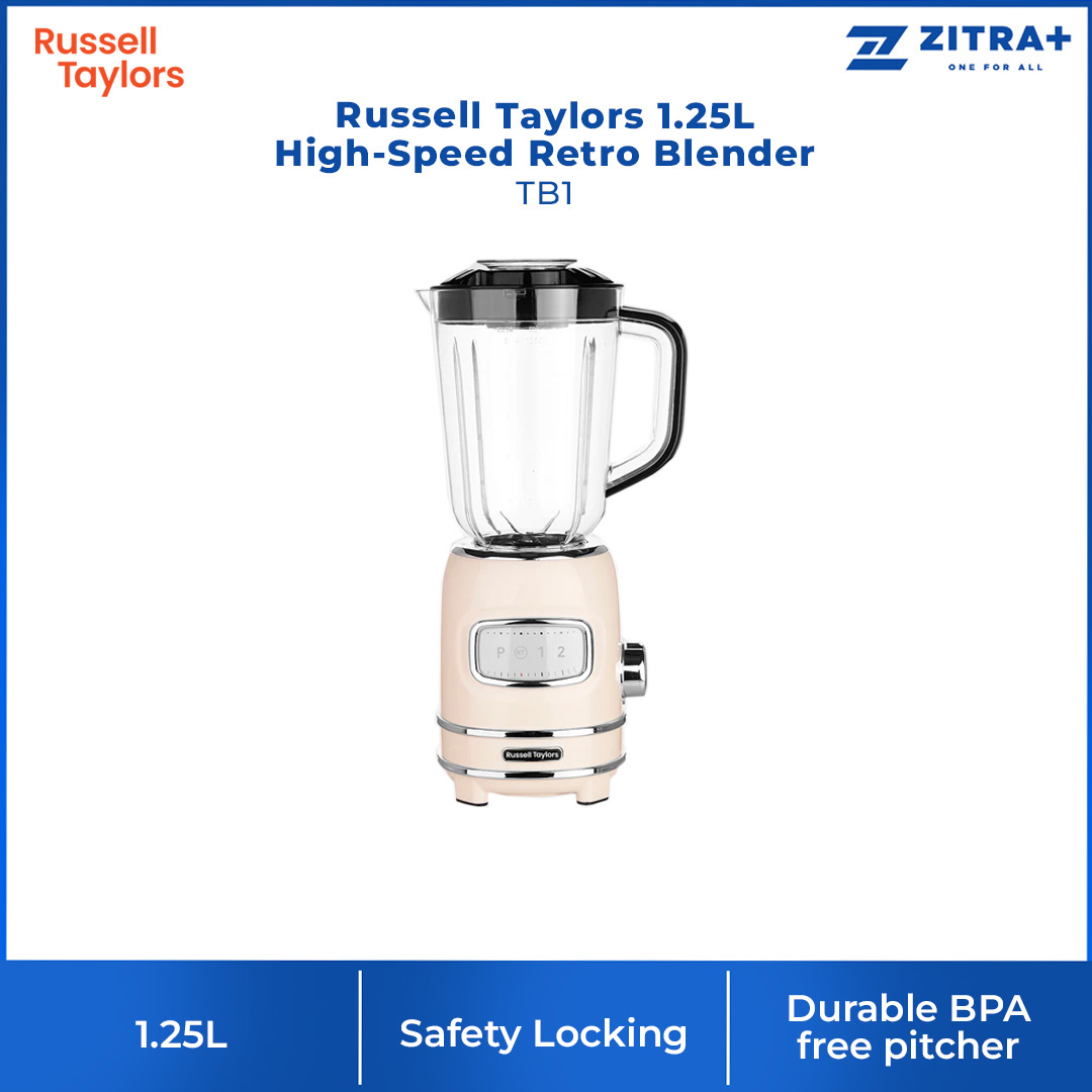 Russell Taylors 1.25L High-Speed Retro Blender TB1 | 300W Power | 2 Speeds + Pulse Function | Safety Locking | Blender with 2 Year Warranty