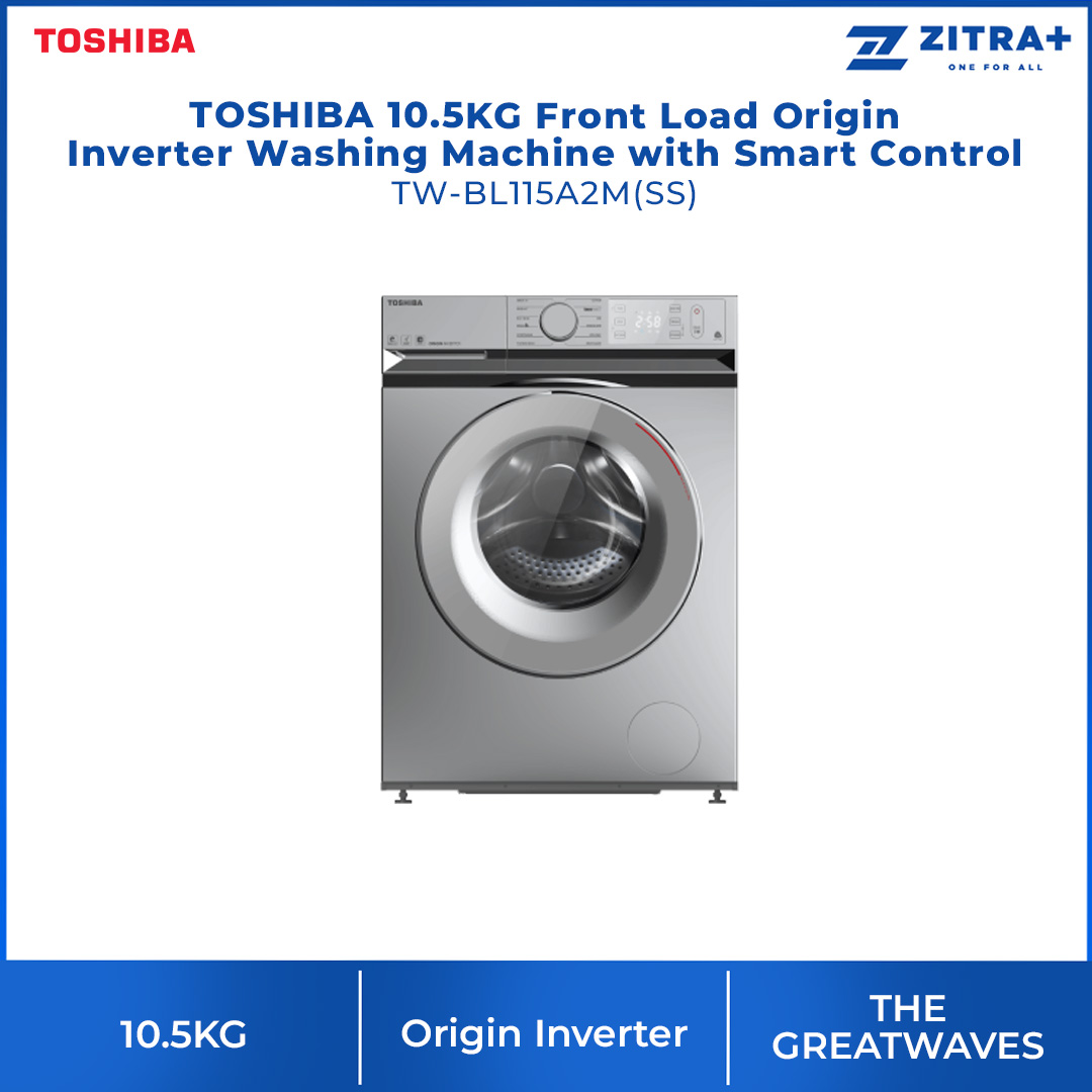 TOSHIBA 10.5KG Front Load Origin Inverter Washing Machine with Smart Control TW-BL115A2M(SS) | Steam Wash | IOT TSmartLife | Drum Clean | Washing Machine with 2 Year Warranty