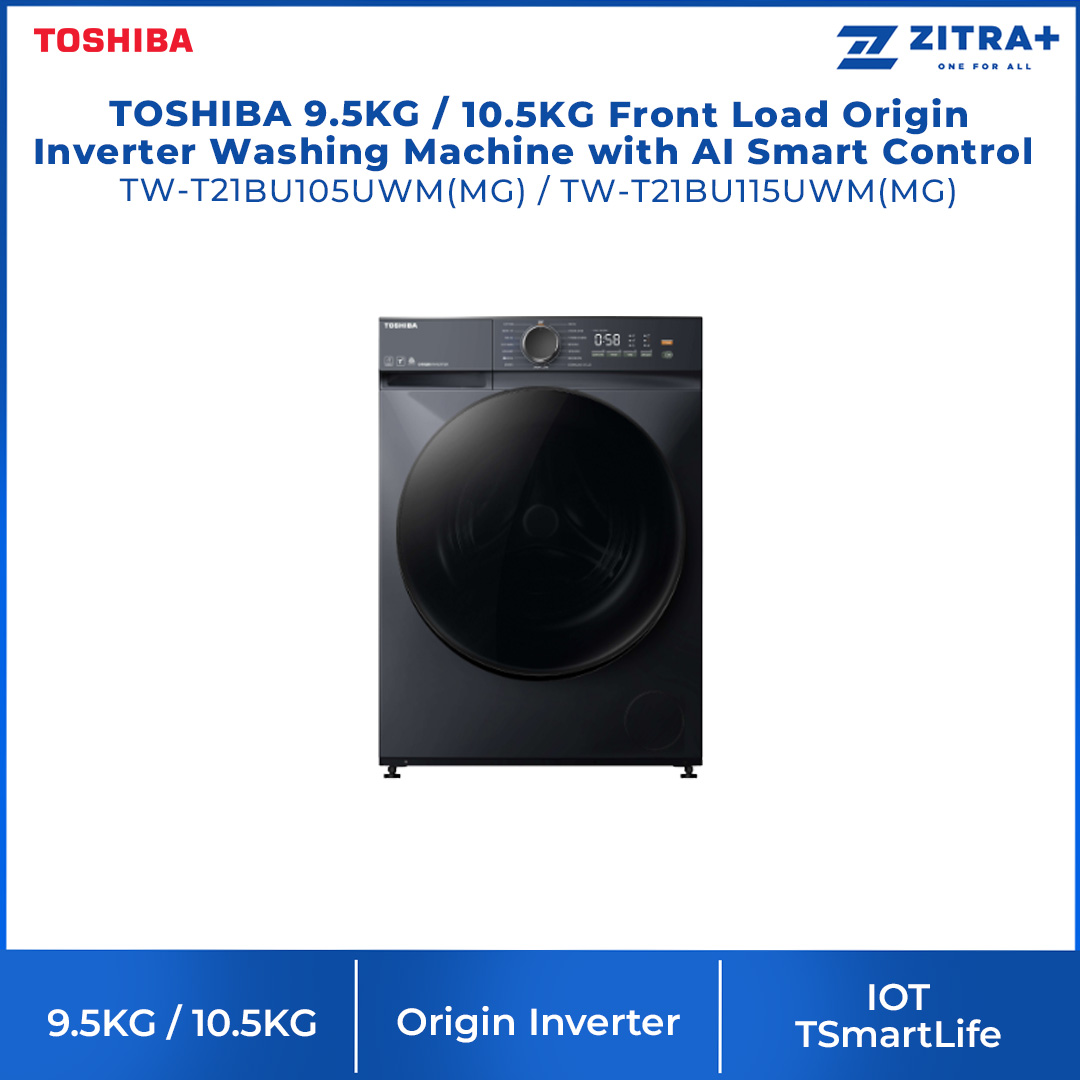 TOSHIBA 9.5KG / 10.5KG Front Load Origin Inverter Washing Machine with AI Smart Control | TW-T21BU105UWM(MG) / TW-T21BU115UWM(MG) | IOT TSmartLife | Sanitization | Hygiene Care | Washing Machine with 2 Year Warranty