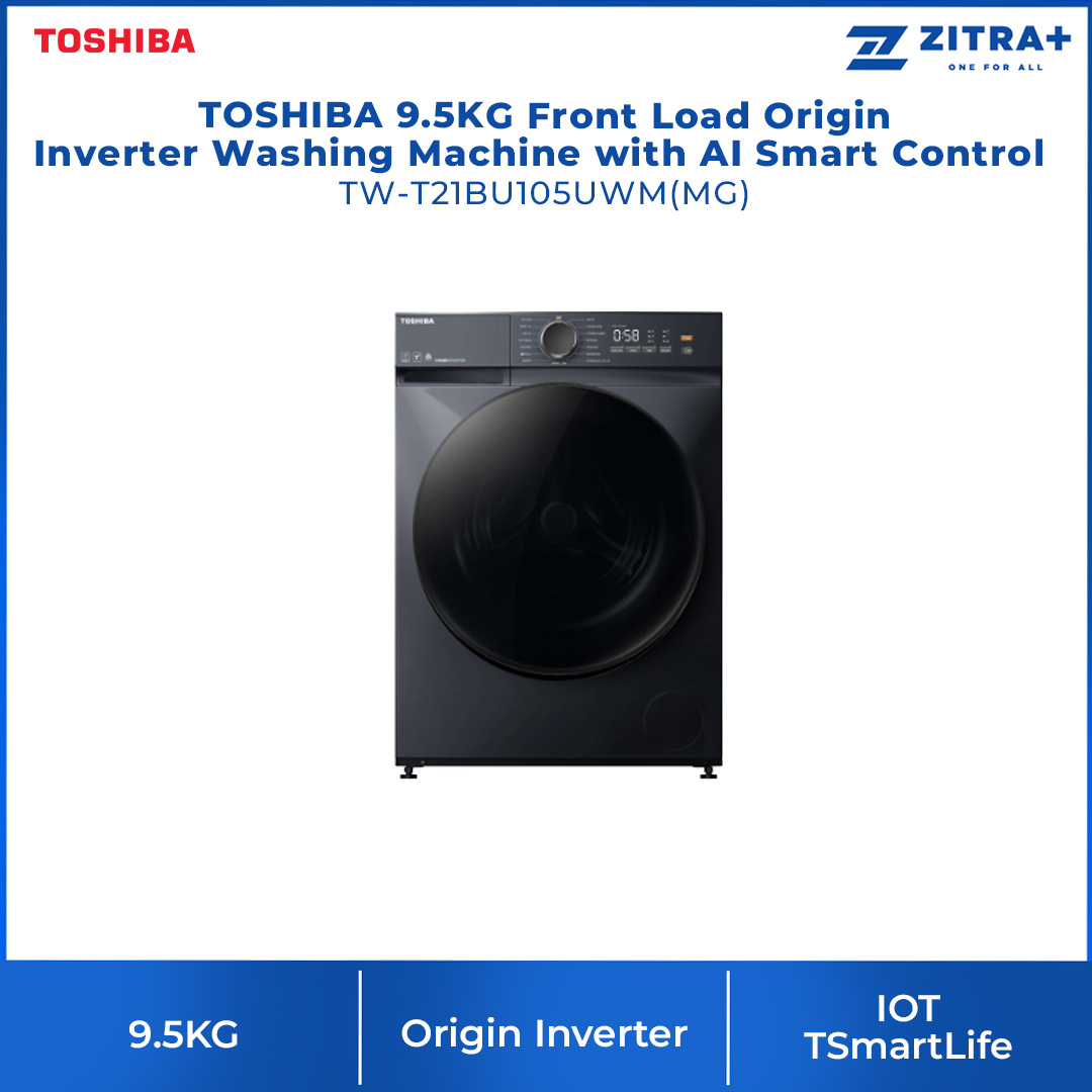 TOSHIBA 9.5KG / 10.5KG Front Load Origin Inverter Washing Machine with AI Smart Control | TW-T21BU105UWM(MG) / TW-T21BU115UWM(MG) | IOT TSmartLife | Sanitization | Hygiene Care | Washing Machine with 2 Year Warranty