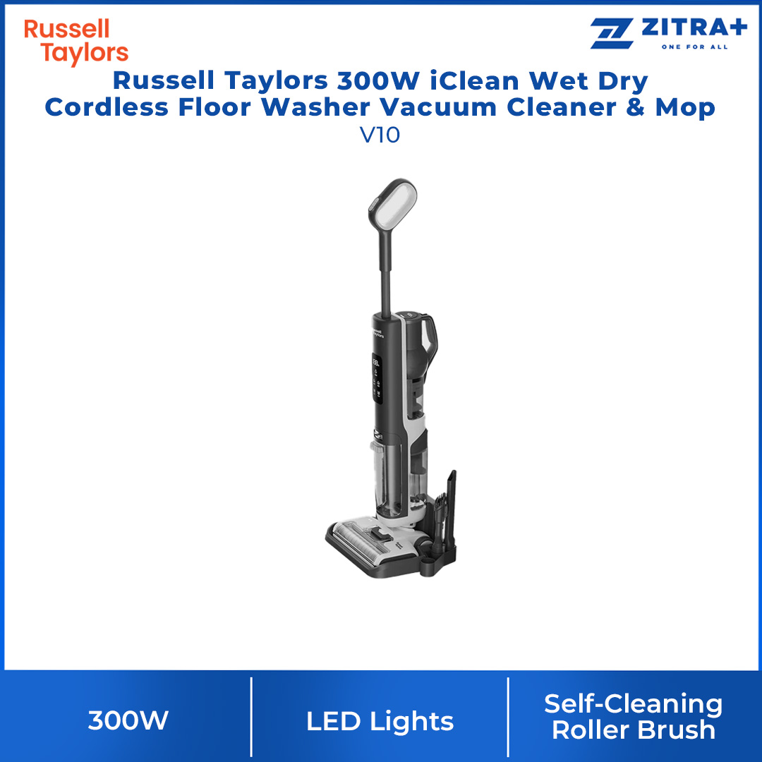 Russell Taylors 300W iClean Wet Dry Cordless Floor Washer Vacuum Cleaner & Mop | 2500mAh Battery | Dual Tank Feature | Motorized Floor Brush with LED Lights | Vacuum with 2 Year Warranty