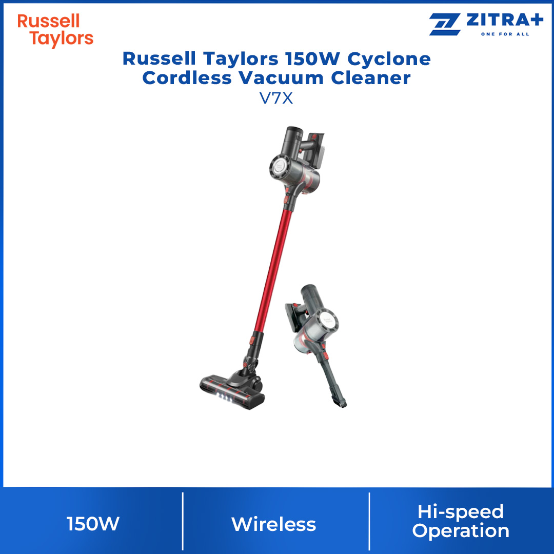 Russell Taylors 150W Cyclone Cordless Vacuum Cleaner V7X | 5 Layers of Innovation | 2200mAh Battery | Quick Release Dust Canister | Vacuum with 2 Year Warranty
