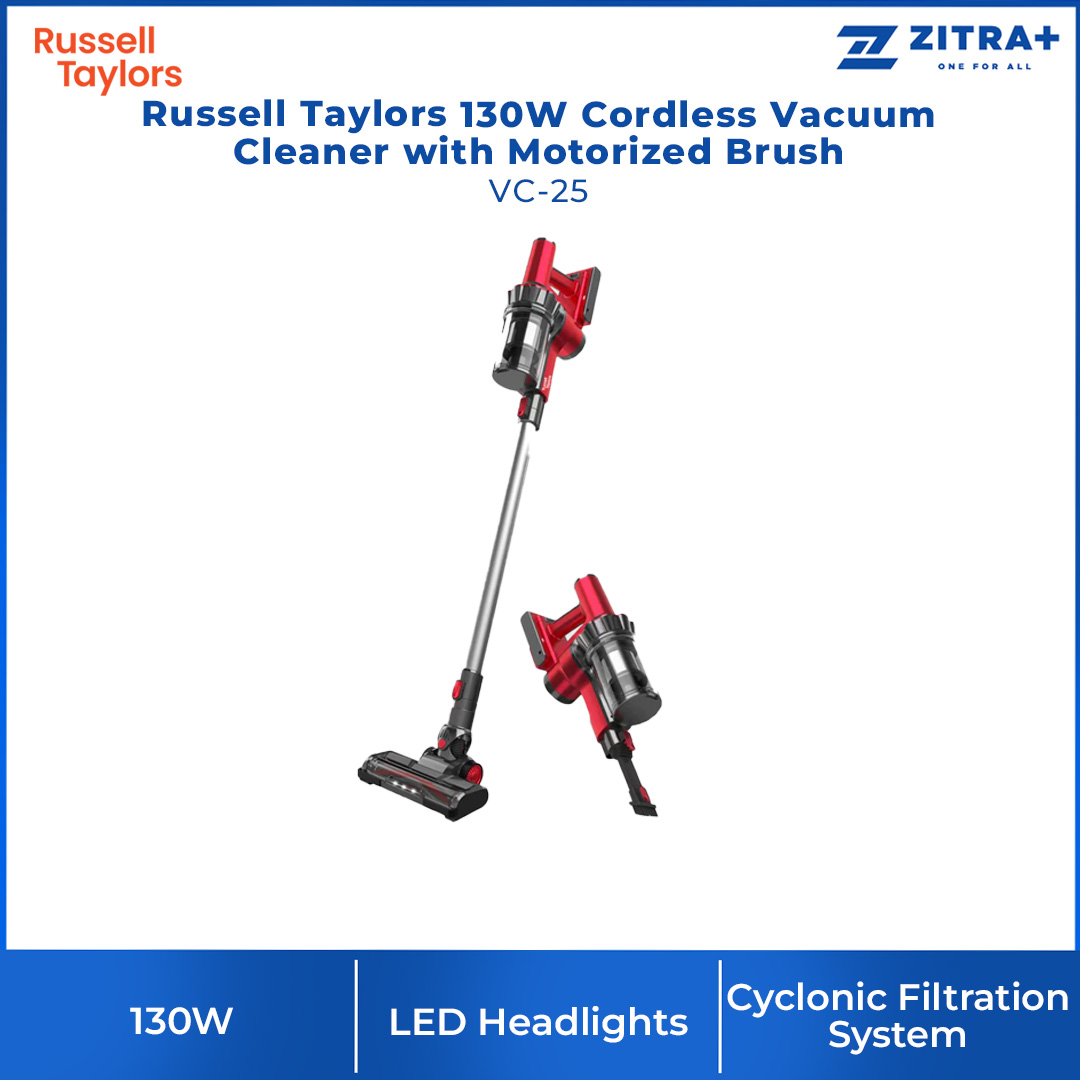Russell Taylors 130W Cordless Vacuum Cleaner with Motorized Brush VC-25 | 130W Powerful DC Motor | Dust Canister 500ml | Cyclonic Filtration System | Vacuum with 2 Year Warranty