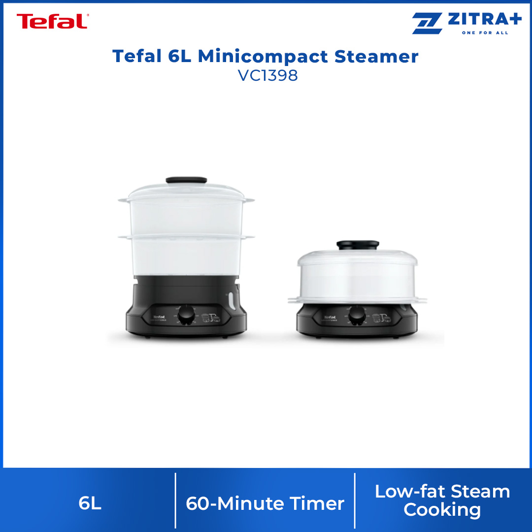 Tefal 6L Minicompact Steamer VC1398 | 800W Power | 60-Minute Timer | Low-fat Steam Cooking | Steamer with 2 Year Warranty