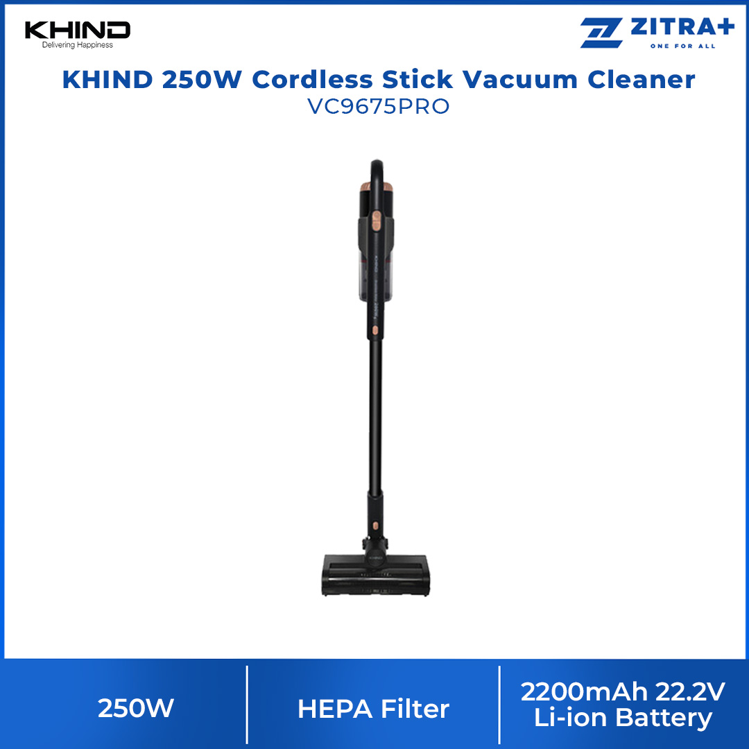 KHIND 250W Cordless Stick Vacuum Cleaner VC9675PRO | High Suction Power | Powerful Brushless Motor | Low Nosie | 22.2V Li-Ion |  Stick Vacuum with  2 Year Warranty
