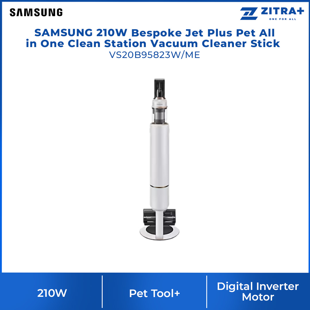 SAMSUNG 210W Bespoke Jet Plus Pet All in One Clean Station Vacuum Cleaner Stick VS20B95823W/ME | 210W Suction Power | Pet Tool+ | Air Pulse Technology | Vacuum Cleaner with 2 Years Warranty