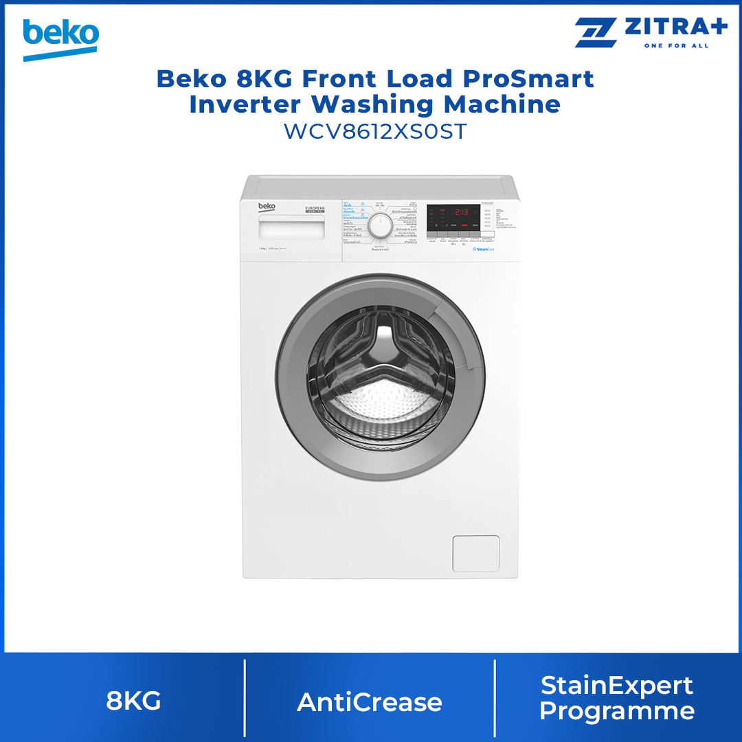 Beko 8KG Front Load ProSmart Inverter Washing Machine WCV8612XS0ST | SteamCure | AntiCrease | Prewash | Extra Rinse | Fast+ | Washing Machine with 1 Year Warranty