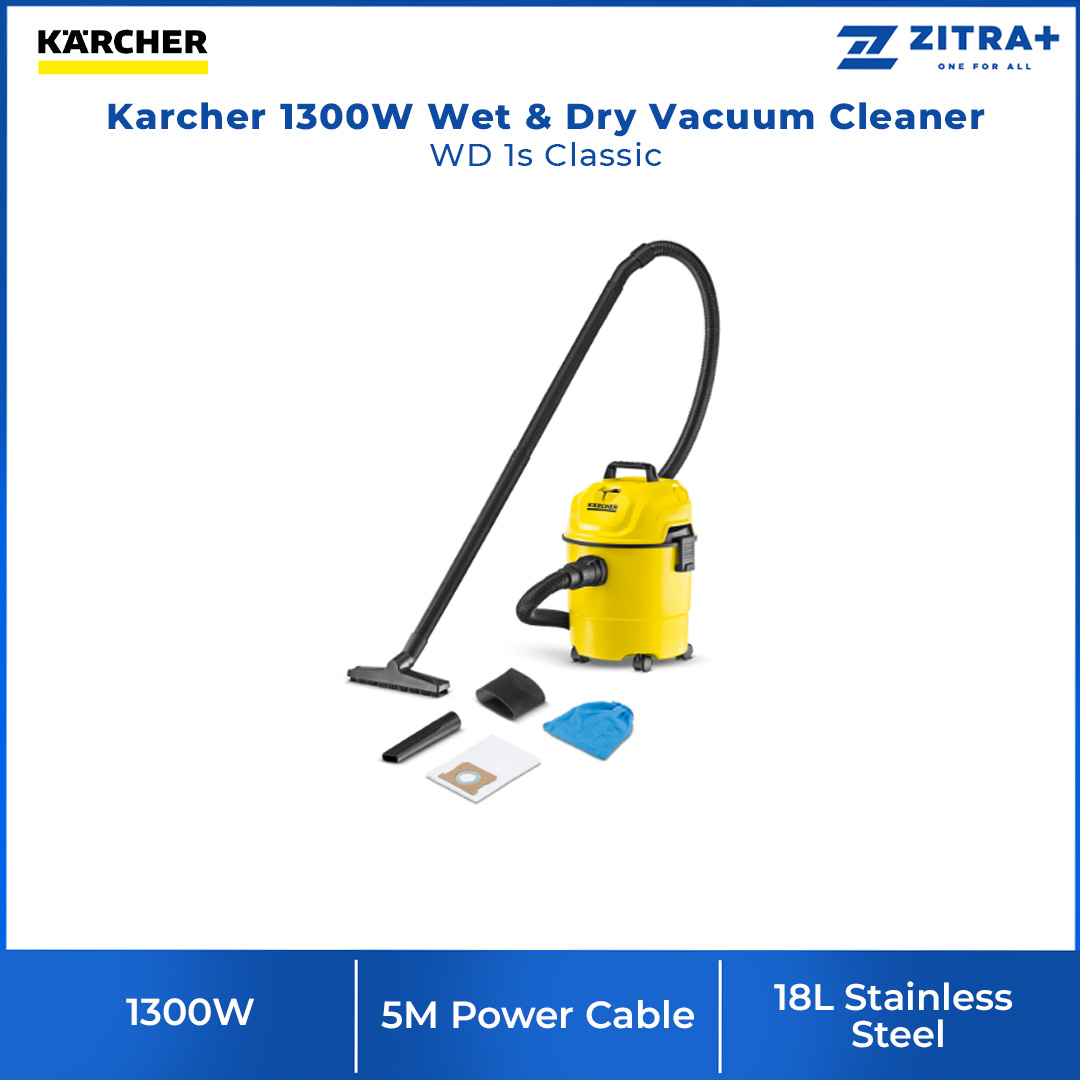 Karcher 1300W Wet & Dry Vacuum Cleaner WD 1s Classic | Suitable for Numerous Uses | Foam Filter | Blower Function | Vacuum Cleaner with 1 Year Warranty