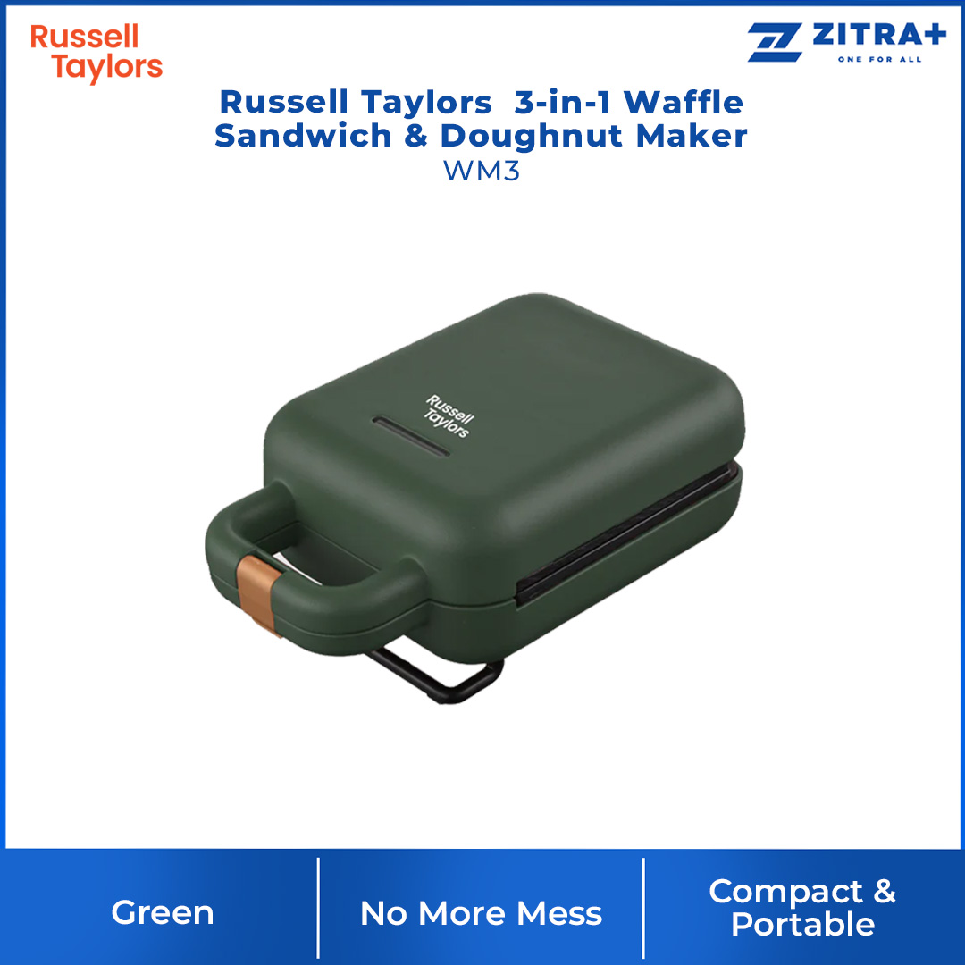 Russell Taylors 3-in-1 Waffle Sandwich & Doughnut Maker WM3 | 600W Power | Restaurant Style Waffles | Removable Plates | 3-in-1 Maker with 2 Year Warranty