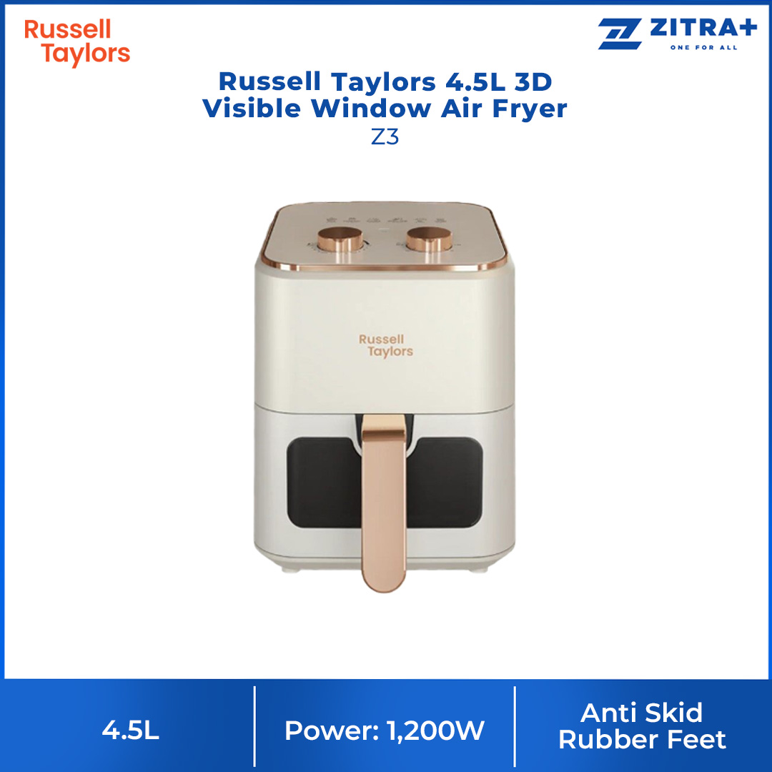 Russell Taylors 4.5L 3D Visible Window Air Fryer Z3 | 1200W Power | 360° Rapid Air Circulation Technology | Mechanical Control | Air Fryer with 2 Year Warranty