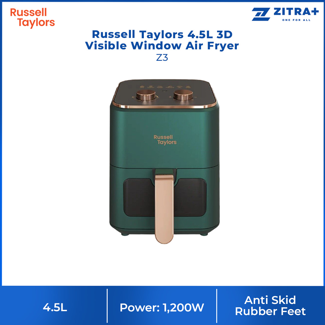 Russell Taylors 4.5L 3D Visible Window Air Fryer Z3 | 1200W Power | 360° Rapid Air Circulation Technology | Mechanical Control | Air Fryer with 2 Year Warranty