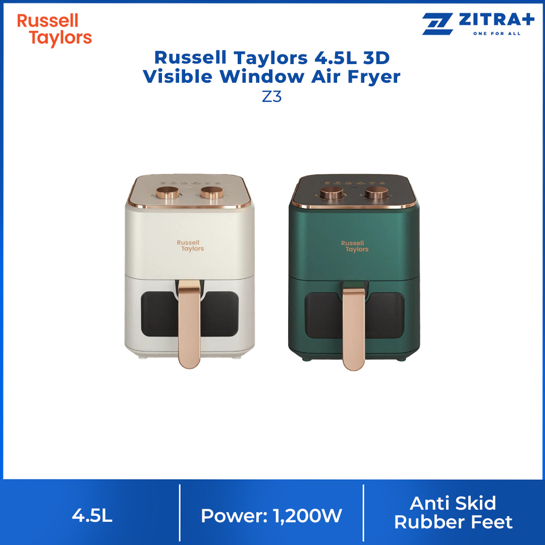 Russell Taylors 4.5L 3D Visible Window Air Fryer Z3 | 1200W Power | 360° Rapid Air Circulation Technology | Mechanical Control | Air Fryer with 2 Year Warranty