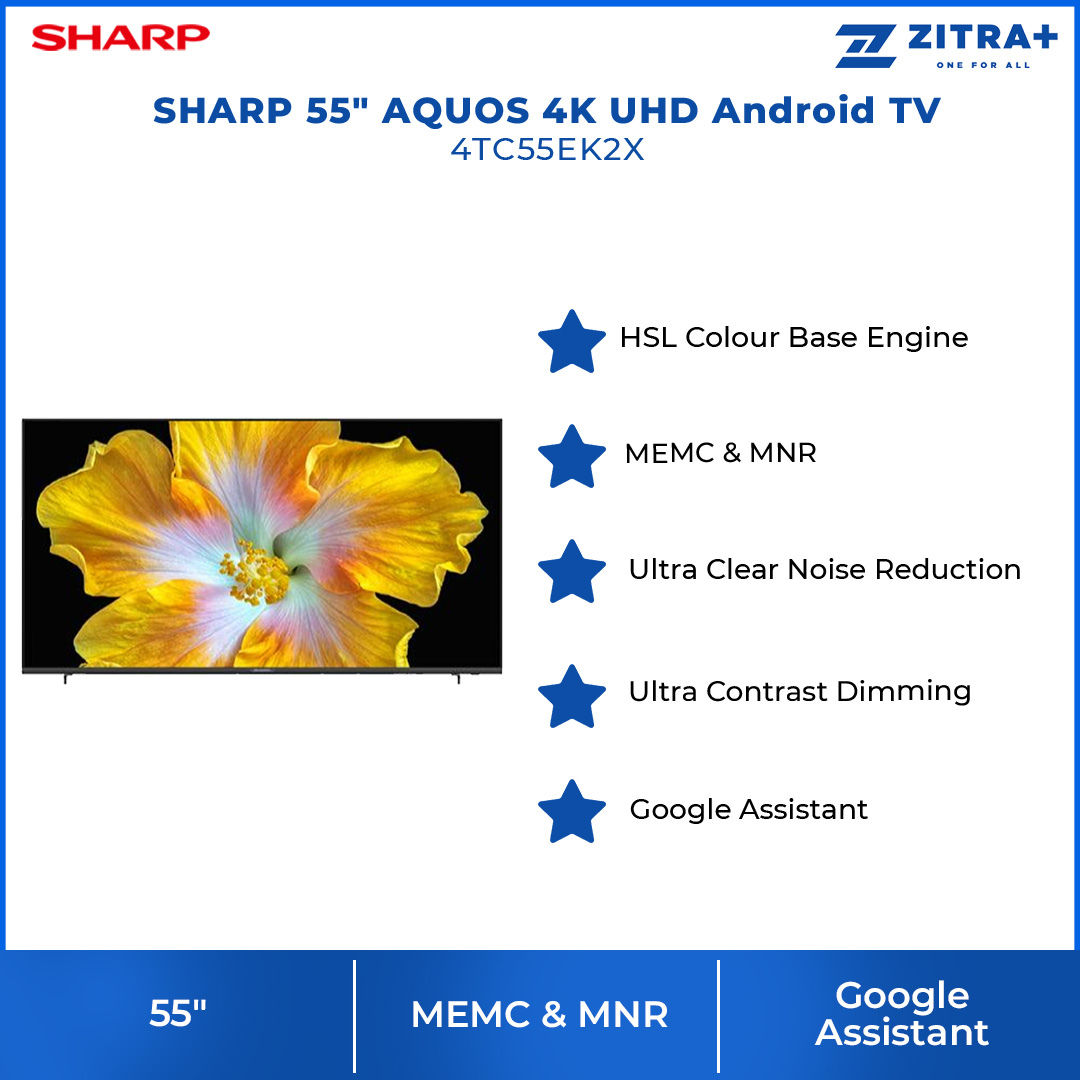 SHARP 55" AQUOS 4K UHD Android TV 4TC55EK2X | App Store | Web Browser | Netflix | YouTube | Prime Video | HDMI | USB | Android TV With 2 Year Warranty