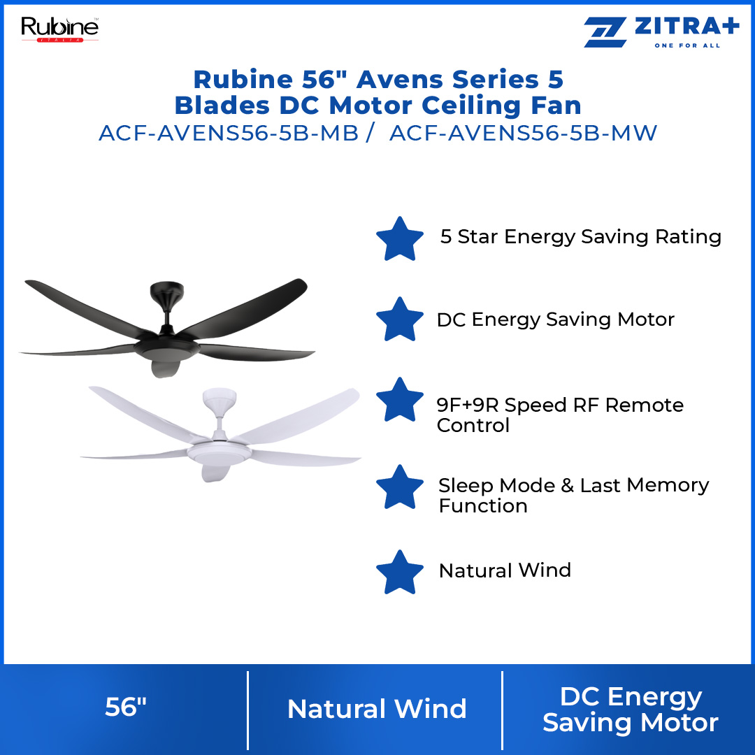 Rubine 56" Avens Series 5 Blades DC Motor Ceiling Fan | 9F+9R Speed RF Remote Control | Sleep Mode | Ceiling Fan with 1 Year Warranty