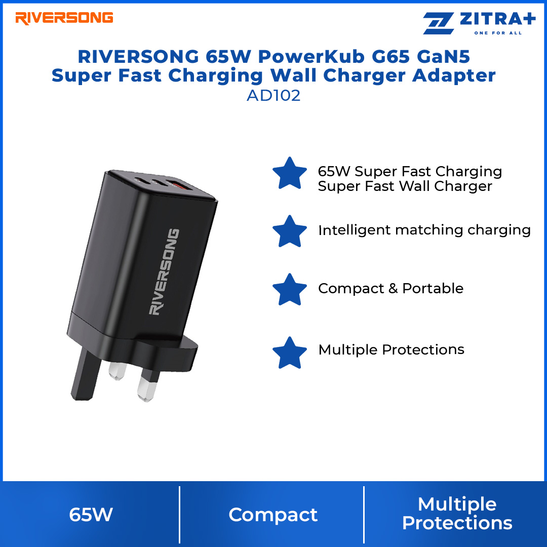 RIVERSONG 65W PowerKub G65 GaN5 Super Fast Charging Wall Charger Adapter AD102 | Advance Gan Tech | Multiple Protection | Adapter with 1 Year warranty
