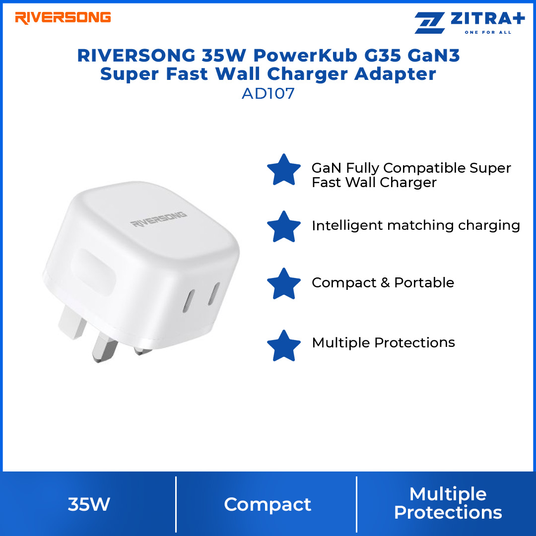 RIVERSONG 35W PowerKub G35 GaN3 Super Fast Wall Charger Adapter AD107 | Multiple Protection | Smart Identification | Adapter with 1 Year Warranty