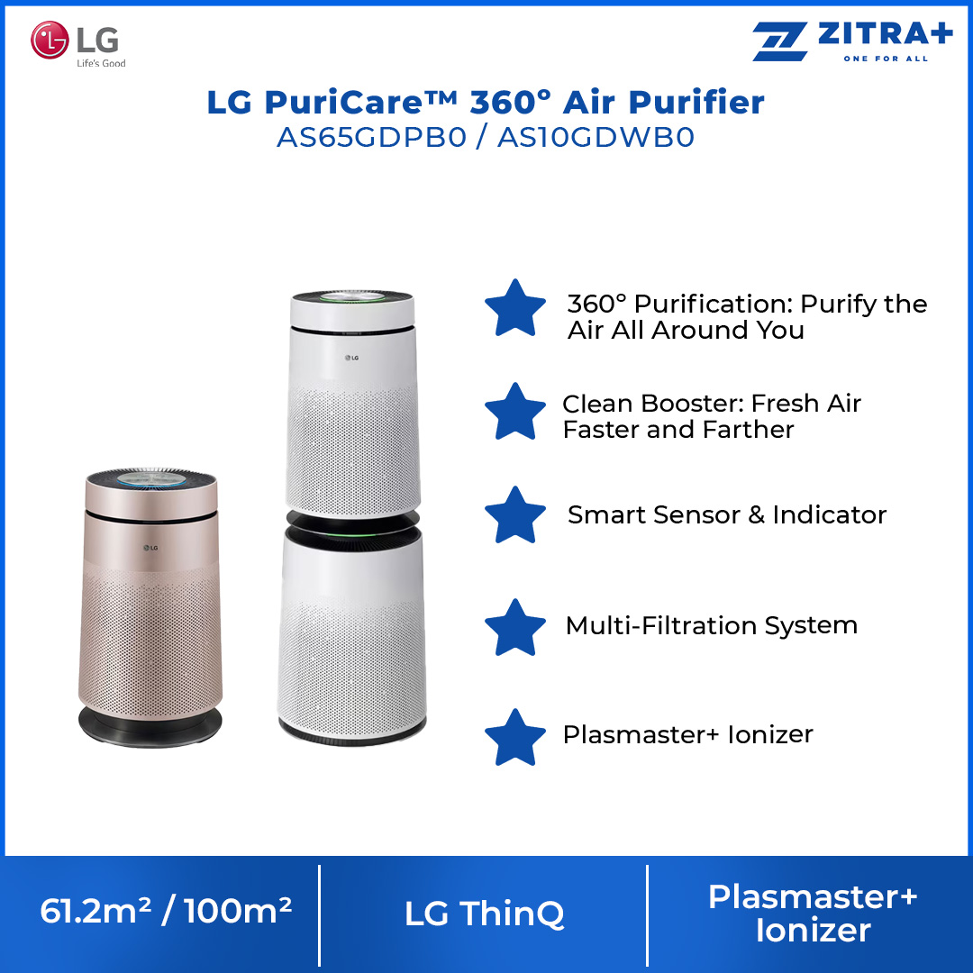 LG 61.2m²/100m² PuriCare™ 360º Air Purifier | AS10GDWB0 / AS65GDPB0 | Multi-Filtration System | Direct Fan | Clean Boost | Air Purifier with 1 Year Warranty