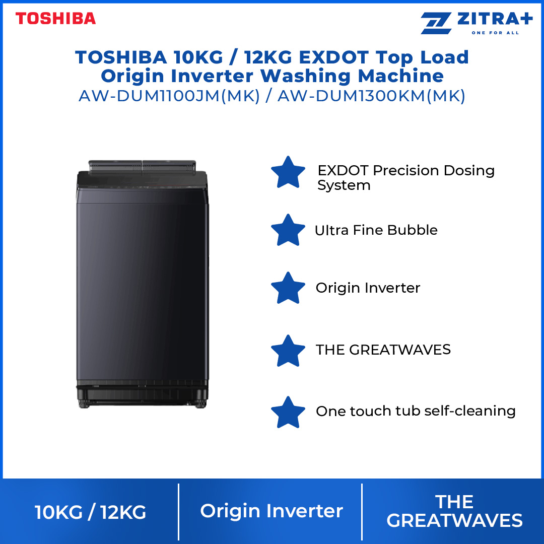 TOSHIBA 10KG / 12KG EXDOT Top Load Origin Inverter Washing Machine | AW-DUM1100JM(MK) / AW-DUM1300KM(MK) |  Ultra Fine Bubble | Magic Filter Pro | Tub Clean | Washing Machine with 2 Year Warranty