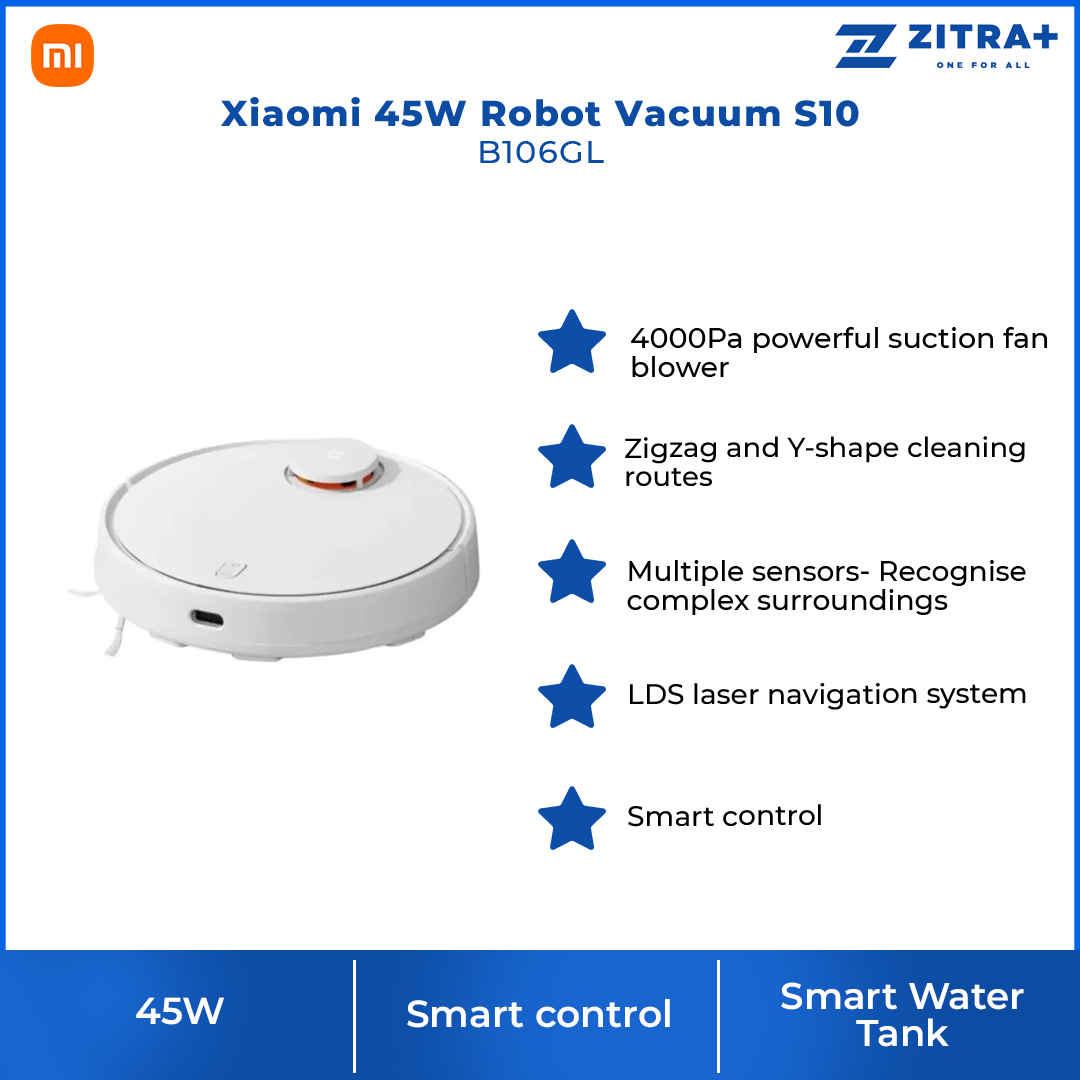 Xiaomi 45W Robot Vacuum S10 B106GL | 4000Pa Powerful Suction Fan Blower | LDS Laser Navigation System | Up to 130 Minutes of Battery Life | Vacuum with 1 Year Warranty