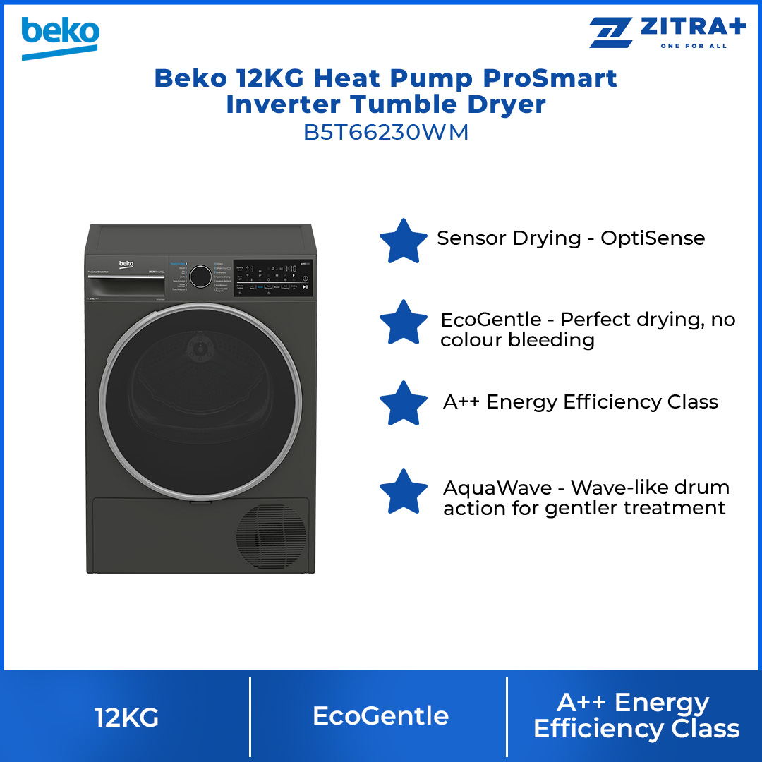 Beko 12KG Heat Pump ProSmart Inverter Tumble Dryer B5T66230WM | AquaWave | EcoGentle | Digital Display | Hygienic Drying | Tumbler Dryer with 2 Year Warranty