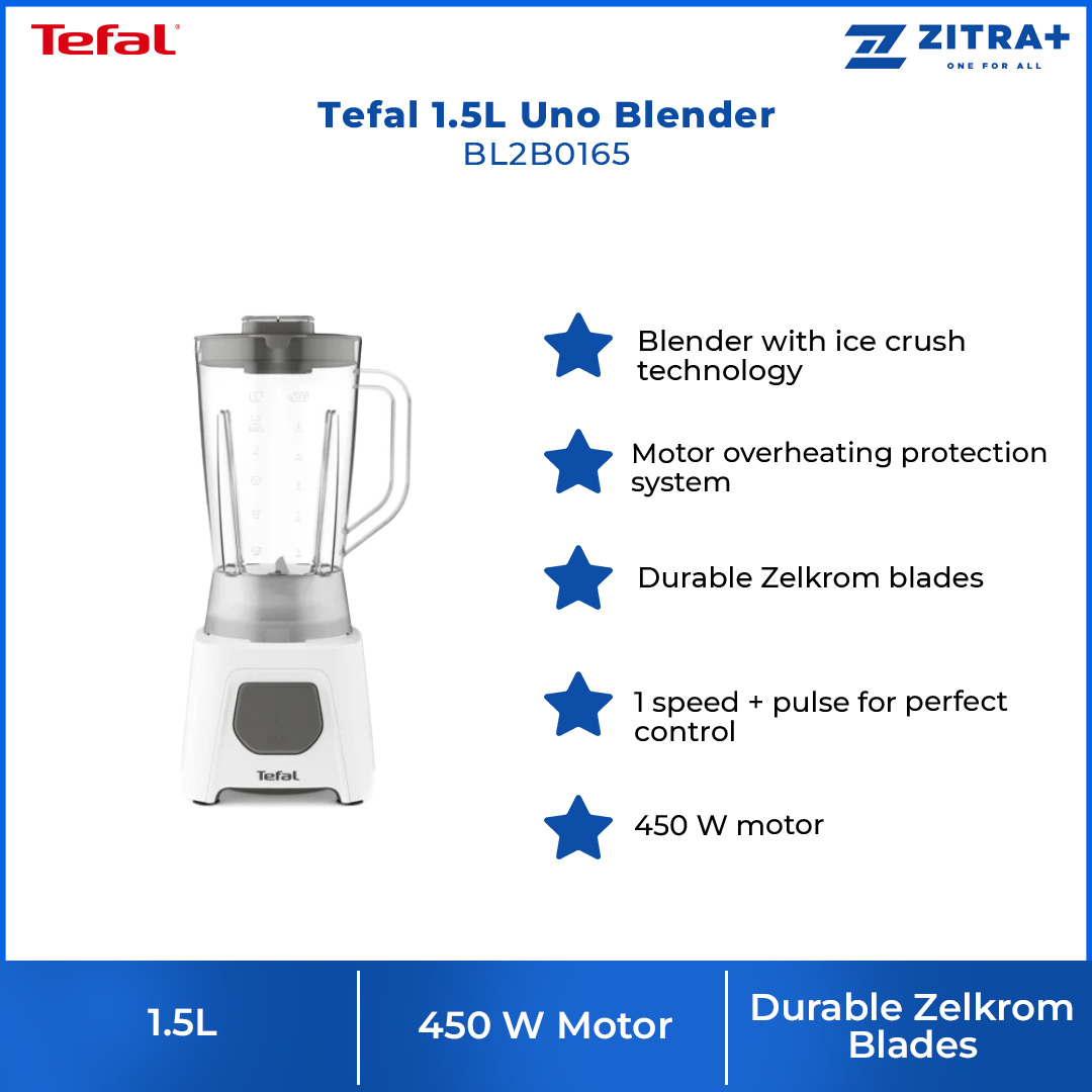 Tefal 1.5L Uno Blender BL2B0165 | 450W Power | Dishwasher Safe | 4 Number of Blades | 1 Speed Settings | Ice Crush Function | Blender with 2 Year Warranty