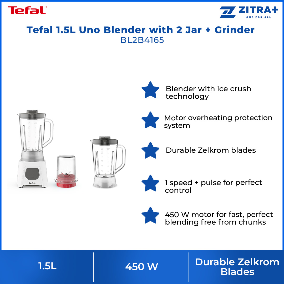 Tefal 1.5L Uno Blender with 2 Jar + Grinder BL2B4165 | 450W Power | Dishwasher Safe | Ice Crush Function | Dosing Cup | Blender with 2 Year Warranty