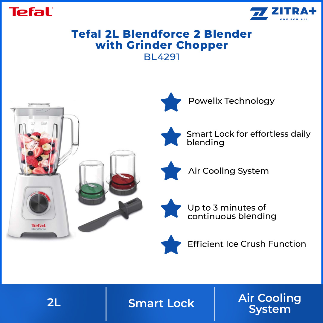 Tefal 2L Blendforce 2 Blender with Grinder Chopper BL4291 | 600W | Powelix Technology | Smart Lock | Cord Storage | Blender with 2 Year Warranty