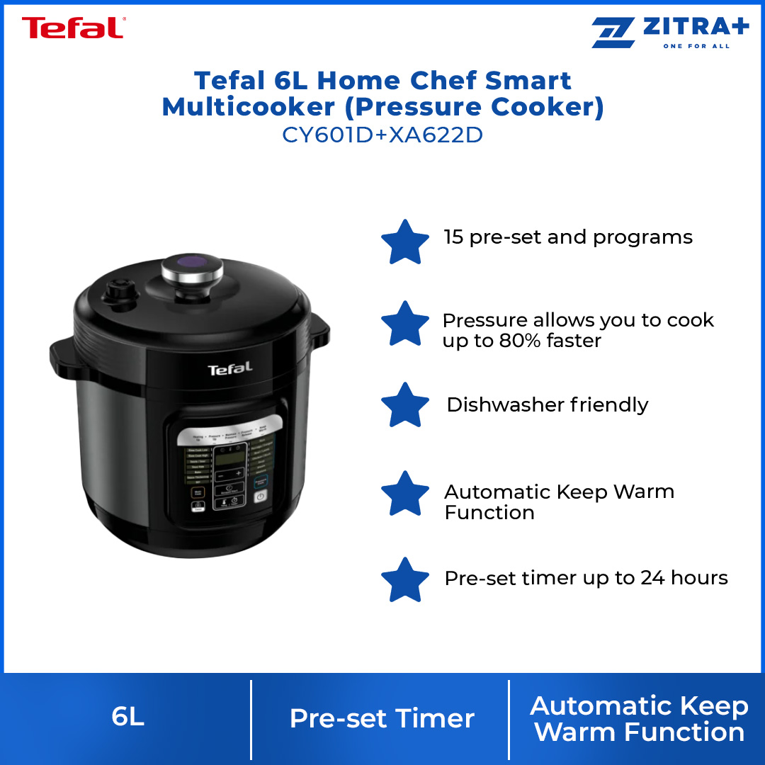 Tefal 6L Home Chef Smart Multicooker (Pressure Cooker) CY601D+XA622D | 15 Pre-set and Programs | Pre-set Timer up to 24 Hours | Dishwasher Friendly | Cooker with 2 Year Warranty