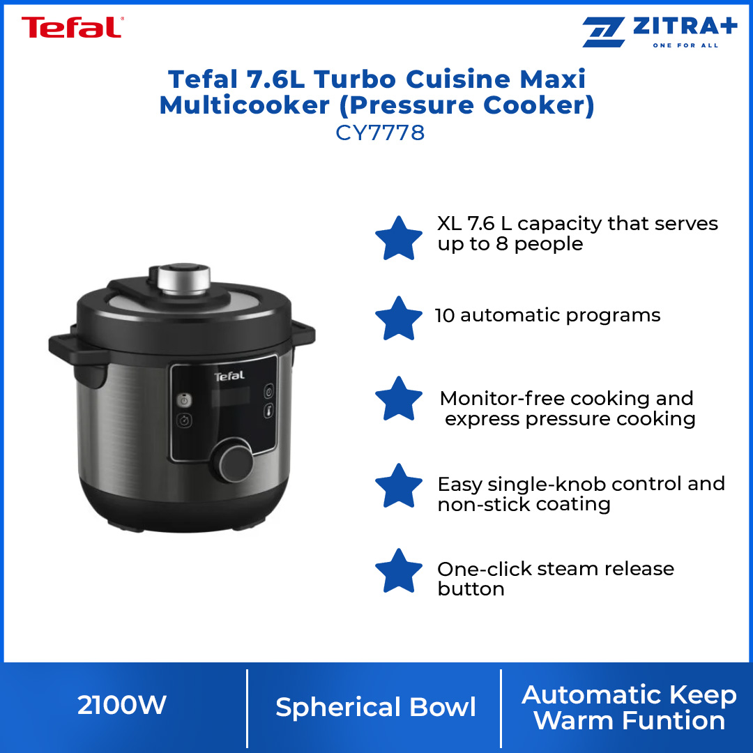 Tefal 7.6L Turbo Cuisine Maxi Multicooker (Pressure Cooker) CY7778 | 10 Automatic Programs | Serves up to 8 People | Non-stick Coating | Cooker with 2 Year Warranty
