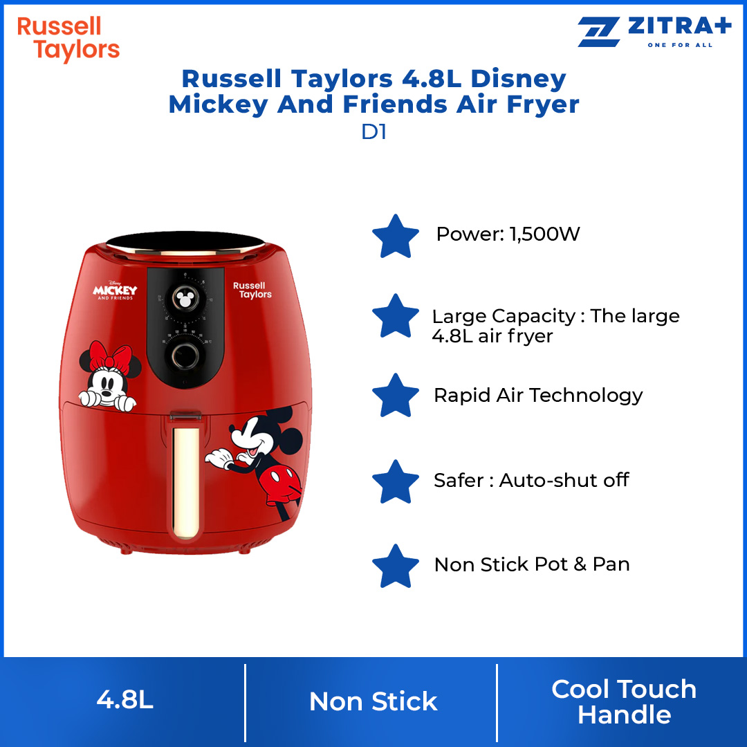 Russell Taylors 4.8L Disney Mickey And Friends Air Fryer D1 | 1500W Power |  Rapid Air Technology | Auto-Shut Off | Air Fryer with 2 Year Warranty