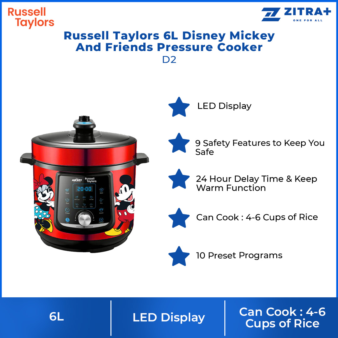 Russell Taylors 6L Disney Mickey And Friends Pressure Cooker D2 | 24 Hour Delay Time | Keep Warm Function | 10 Preset Programs | LED Display | Cooker with 2 Year Warranty