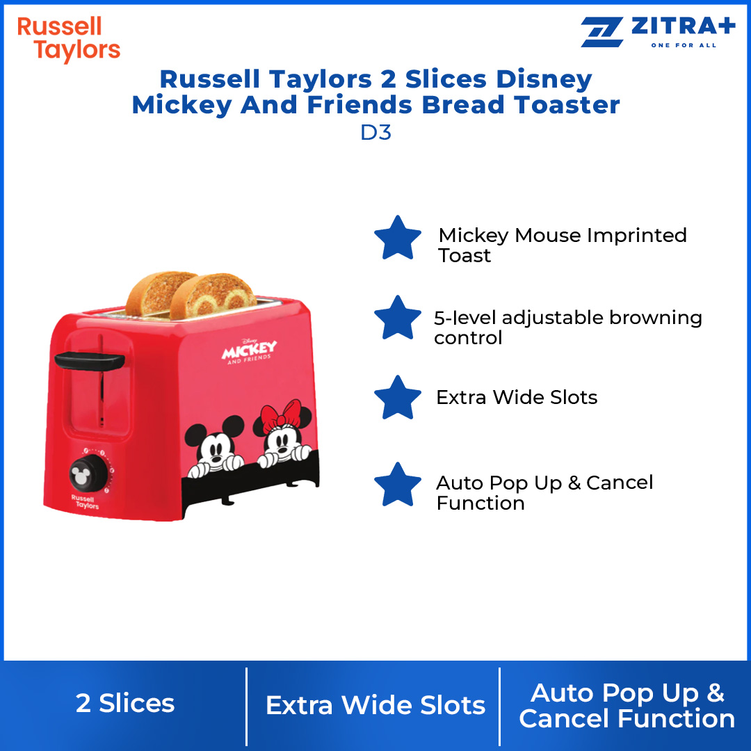 Russell Taylors 2 Slices Disney Mickey And Friends Bread Toaster D3 | 750W Power | 5-Level Adjustable Browning Control | Extra Wide Slots | Toaster with 2 Year Warranty