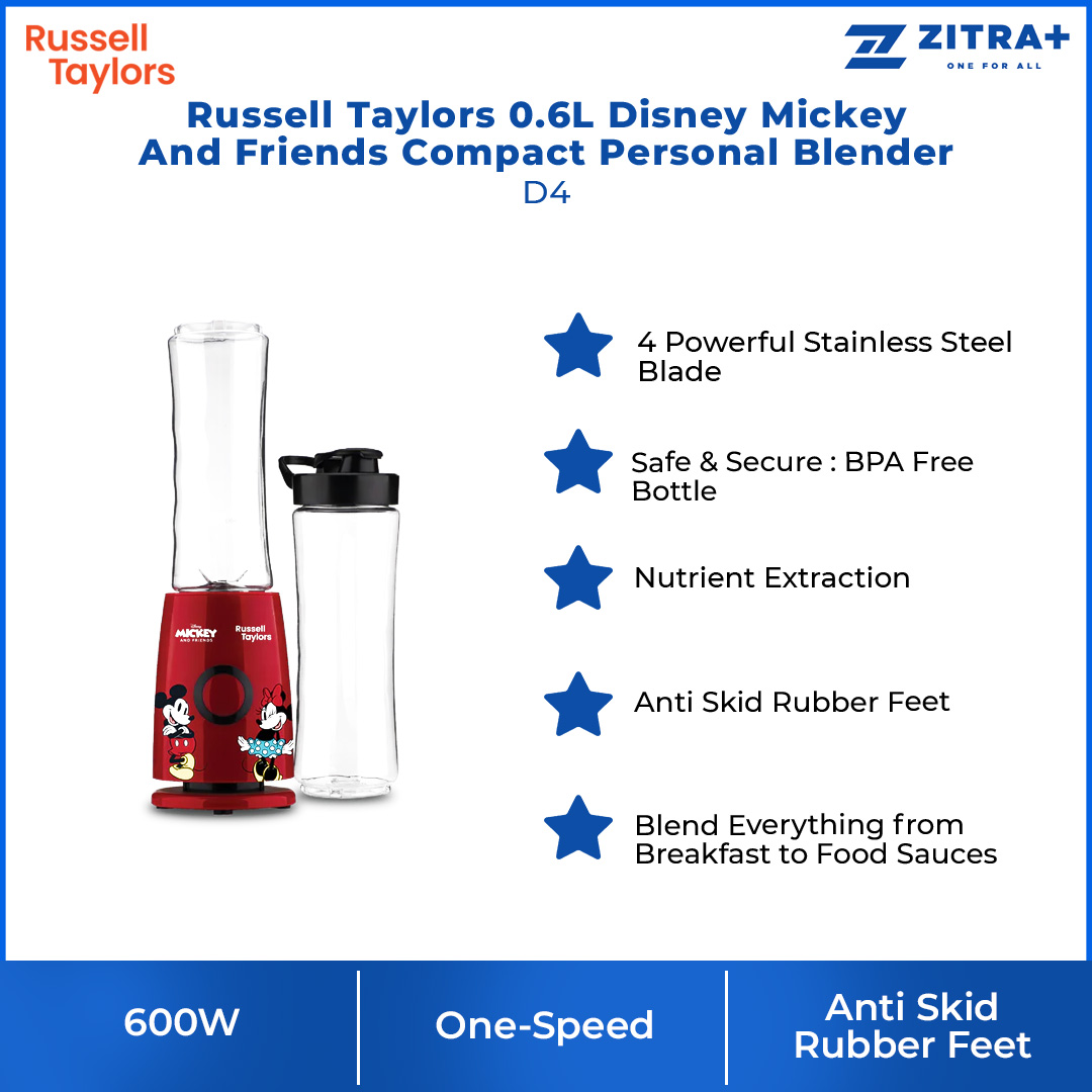 Russell Taylors 0.6L Disney Mickey And Friends Compact Personal Blender D4 | 600W Power | 4 Powerful Stainless Steel Blade | Nutrient Extraction | Blender with 2 Year Warranty