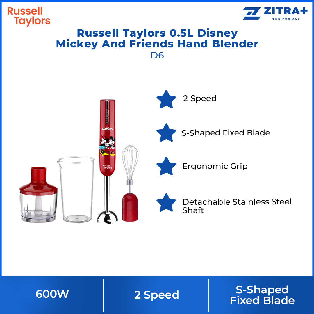 Russell Taylors 0.5L Disney Mickey And Friends Hand Blender D6 | 600W Power | S-Shaped Fixed Blade | Ergonomic Grip | Hand Blender with 2 Year Warranty